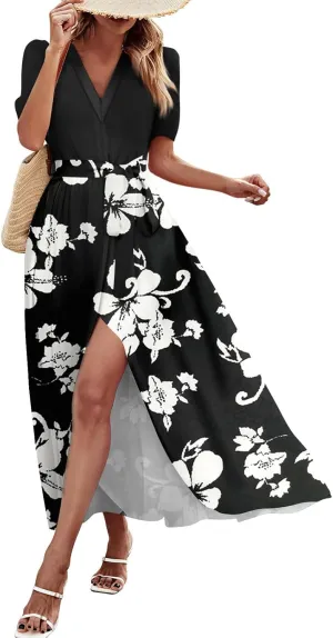 ADHOWBEW Women Dresses 2025 Vacation Boho Short Sleeve Split A Line Flowy Beach Sexy Plus Size V Neck Wrap Maxi Dress
