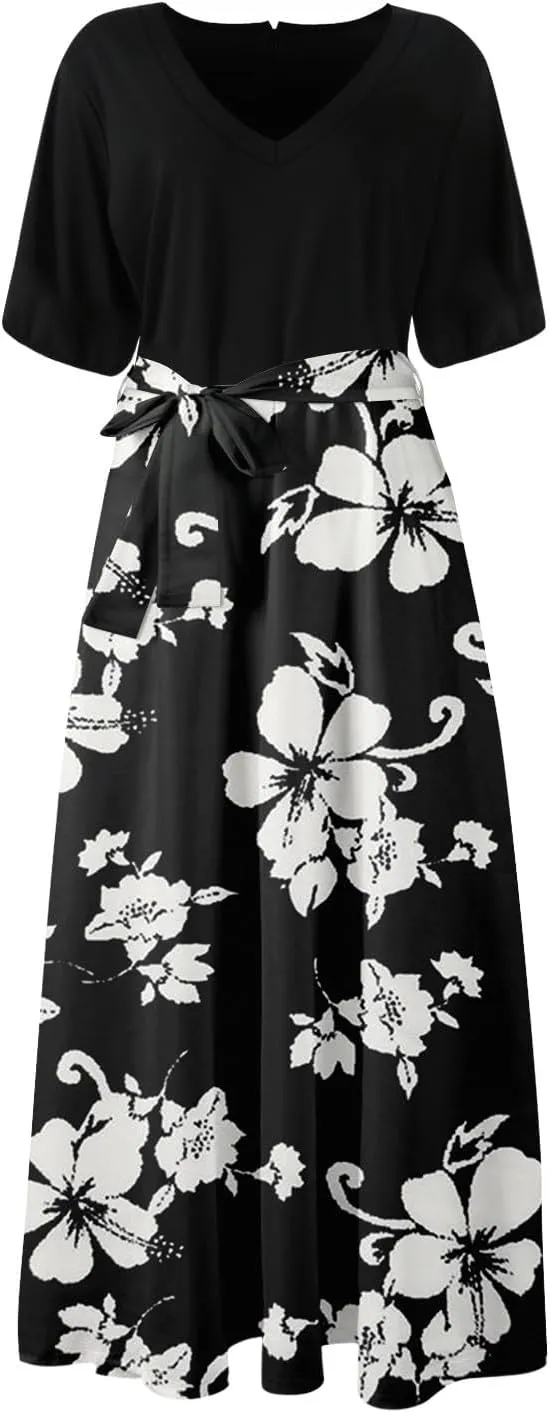 ADHOWBEW Women Dresses 2025 Vacation Boho Short Sleeve Split A Line Flowy Beach Sexy Plus Size V Neck Wrap Maxi Dress