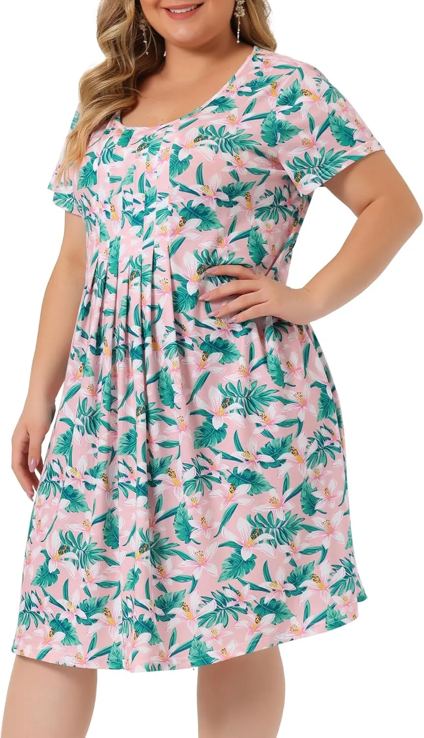 Agnes Orinda Plus Size Dresses for Women Short Sleeves Pleated Summer Beach Casual Loose Floral Dress