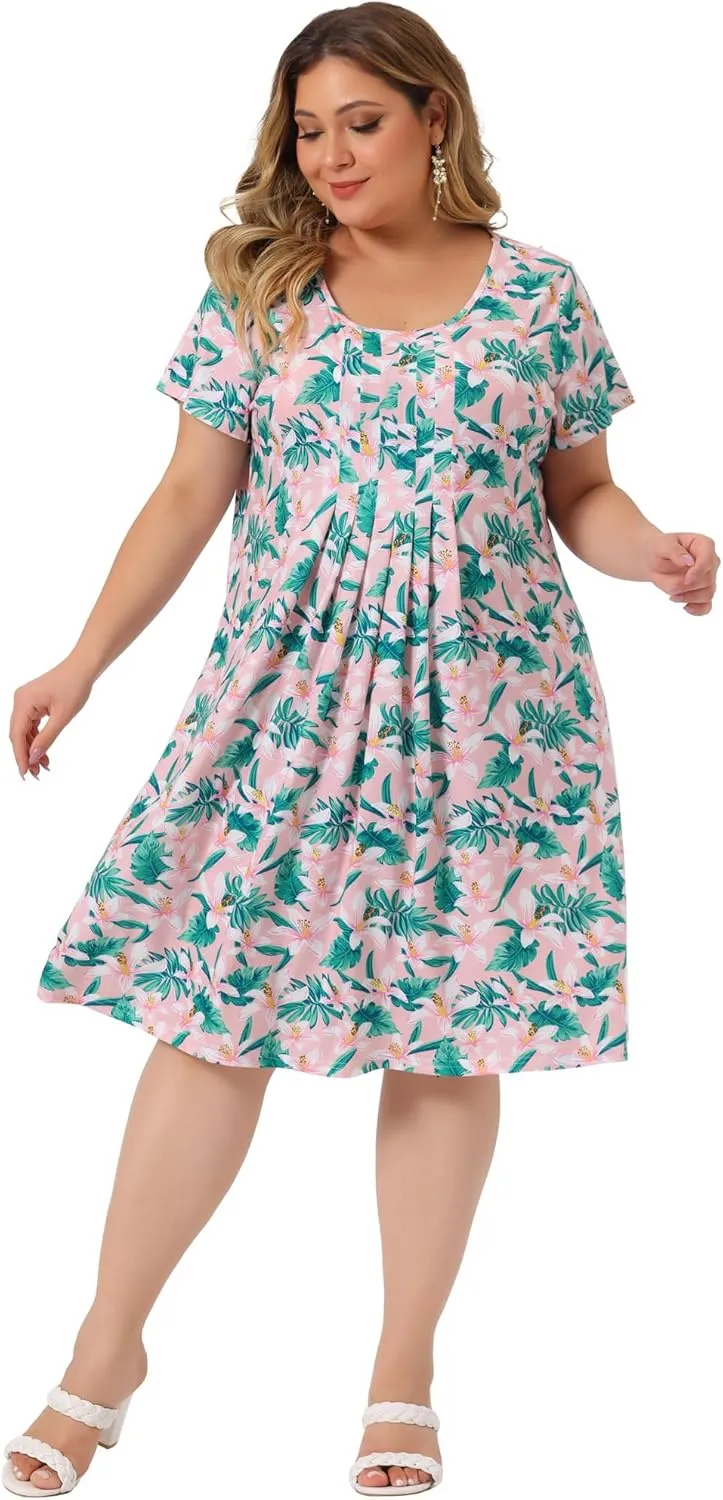 Agnes Orinda Plus Size Dresses for Women Short Sleeves Pleated Summer Beach Casual Loose Floral Dress
