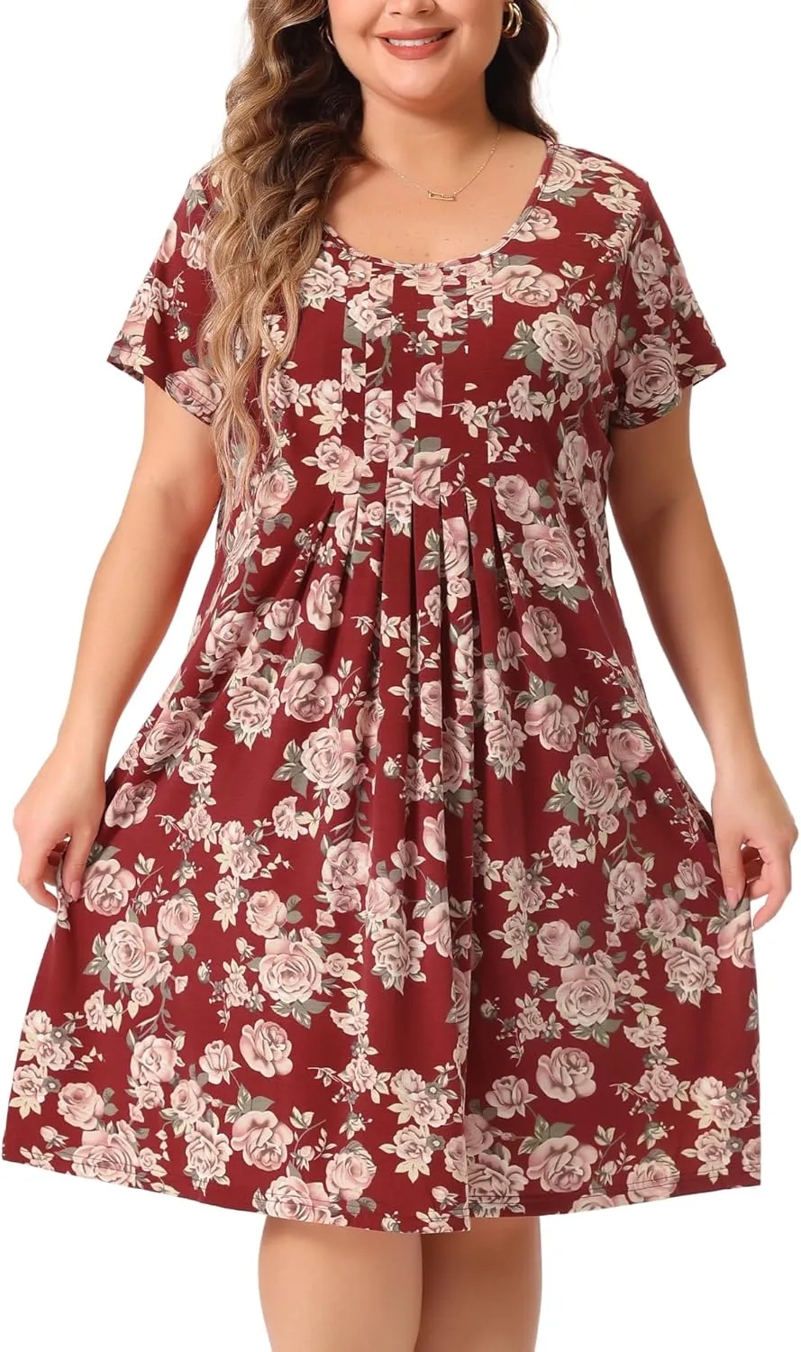 Agnes Orinda Plus Size Dresses for Women Short Sleeves Pleated Summer Beach Casual Loose Floral Dress