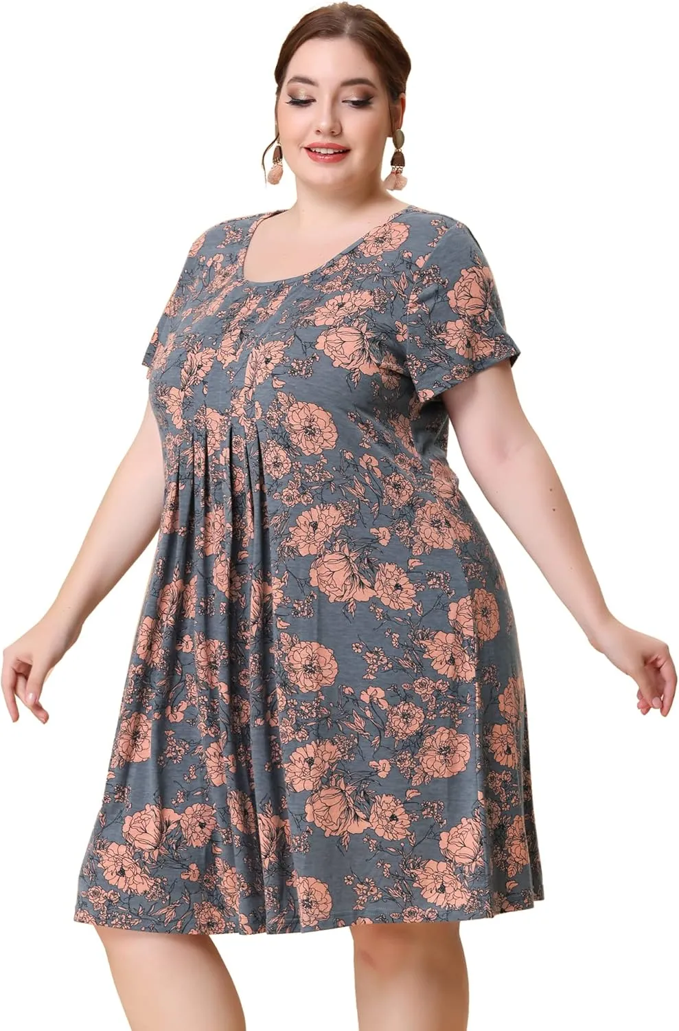 Agnes Orinda Plus Size Dresses for Women Short Sleeves Pleated Summer Beach Casual Loose Floral Dress