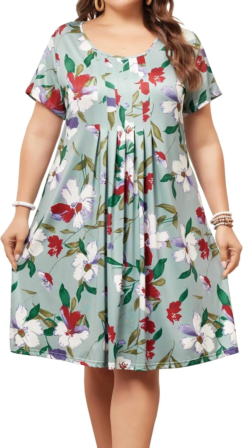 Agnes Orinda Plus Size Dresses for Women Short Sleeves Pleated Summer Beach Casual Loose Floral Dress