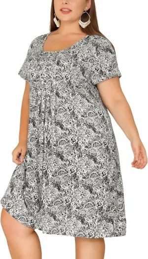Agnes Orinda Plus Size Dresses for Women Short Sleeves Pleated Summer Beach Casual Loose Floral Dress