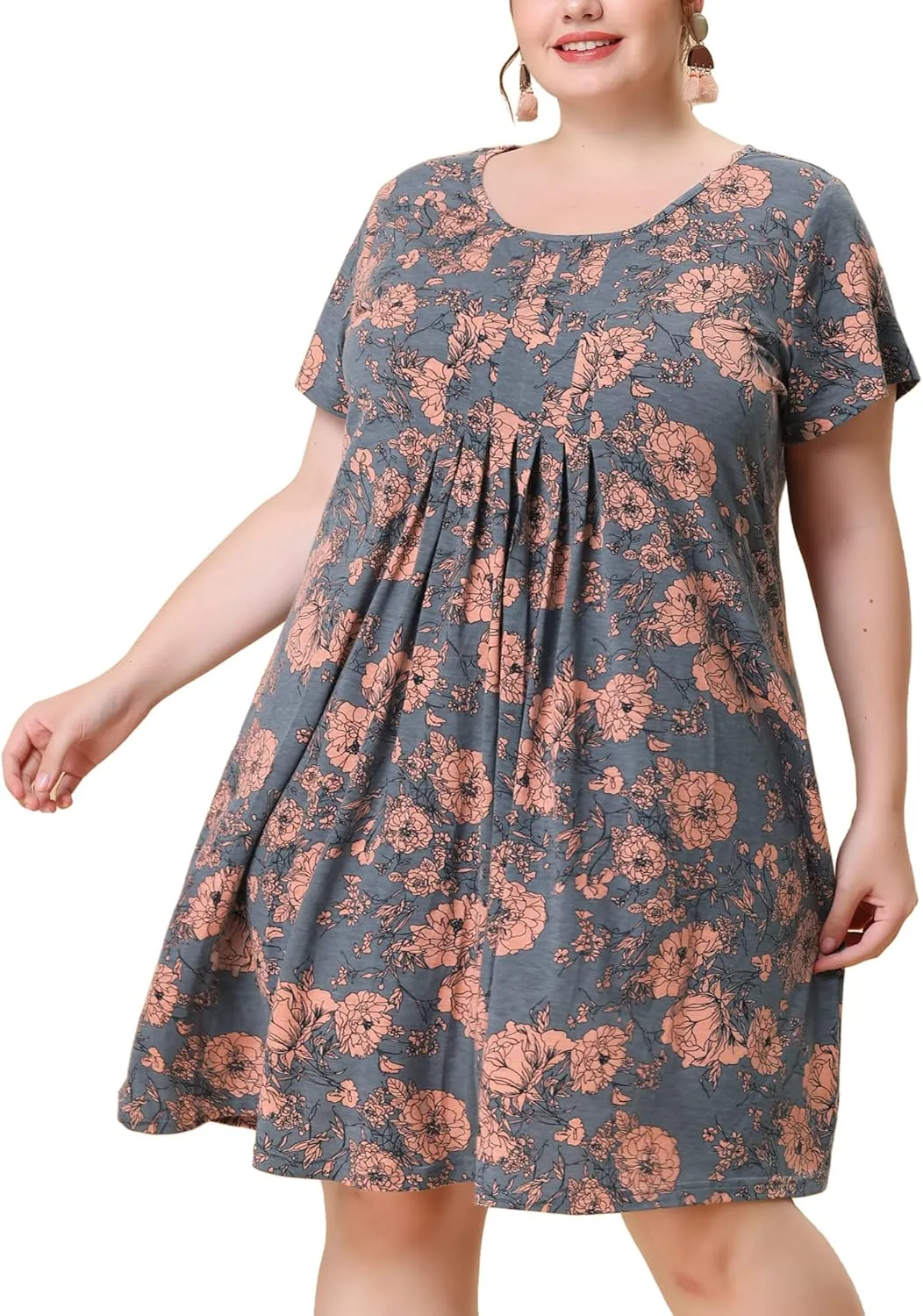Agnes Orinda Plus Size Dresses for Women Short Sleeves Pleated Summer Beach Casual Loose Floral Dress