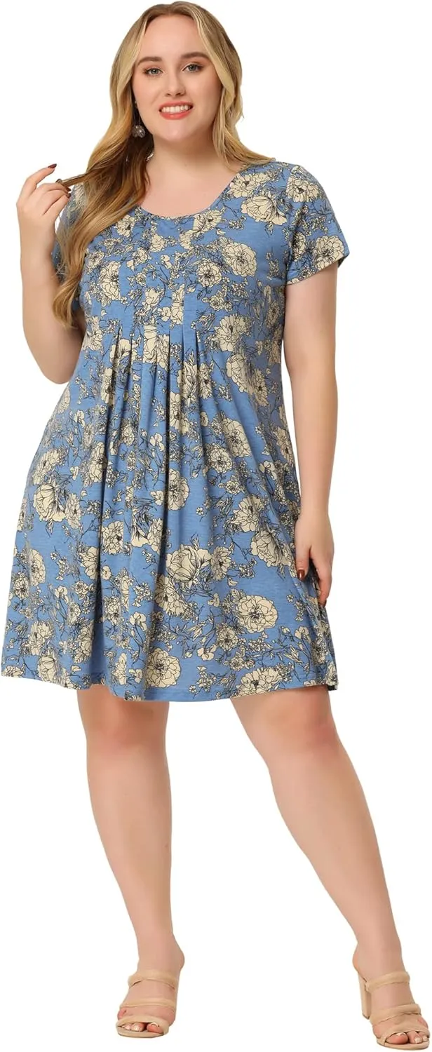 Agnes Orinda Plus Size Dresses for Women Short Sleeves Pleated Summer Beach Casual Loose Floral Dress