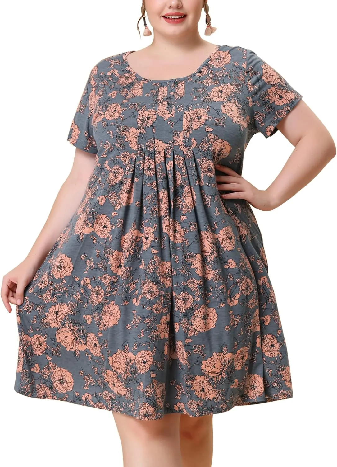 Agnes Orinda Plus Size Dresses for Women Short Sleeves Pleated Summer Beach Casual Loose Floral Dress