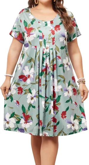 Agnes Orinda Plus Size Dresses for Women Short Sleeves Pleated Summer Beach Casual Loose Floral Dress