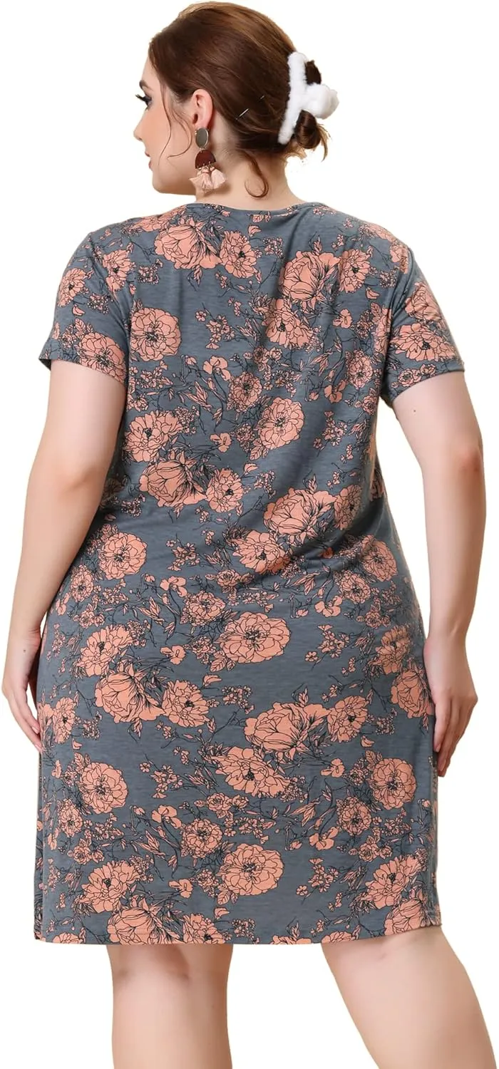 Agnes Orinda Plus Size Dresses for Women Short Sleeves Pleated Summer Beach Casual Loose Floral Dress
