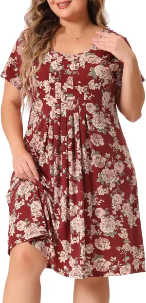 Agnes Orinda Plus Size Dresses for Women Short Sleeves Pleated Summer Beach Casual Loose Floral Dress