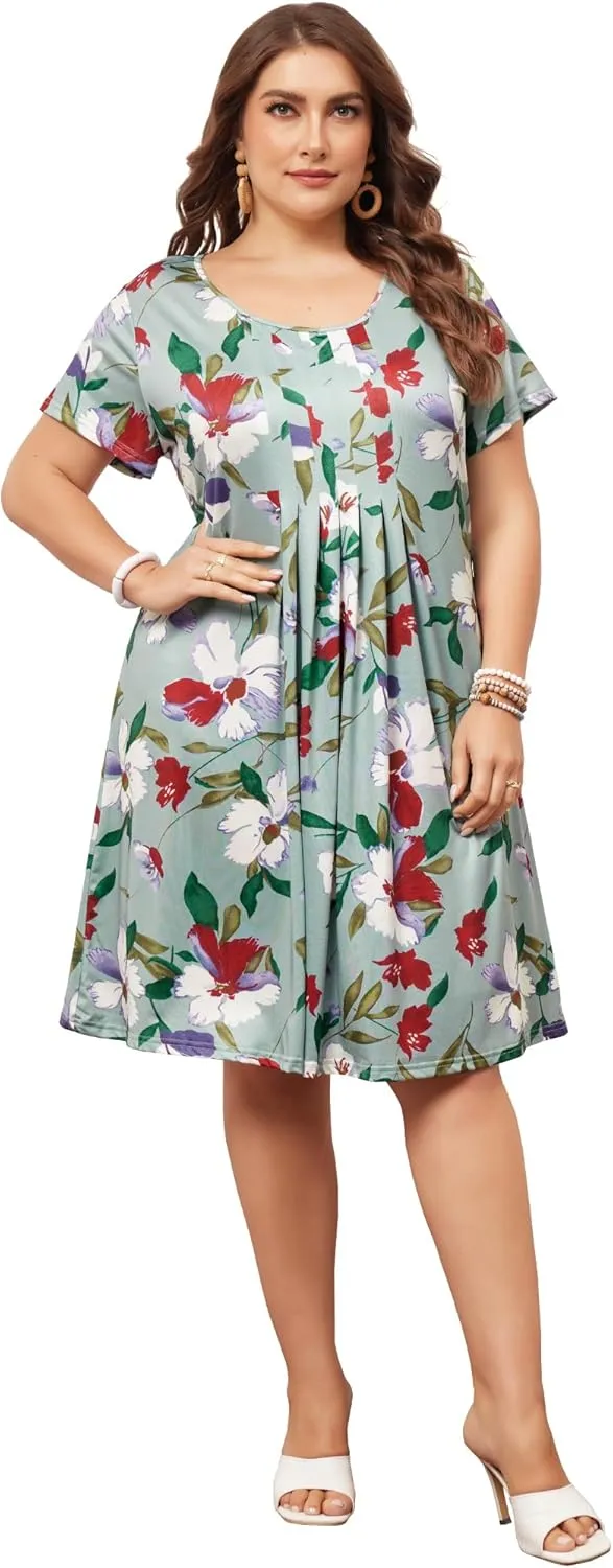 Agnes Orinda Plus Size Dresses for Women Short Sleeves Pleated Summer Beach Casual Loose Floral Dress