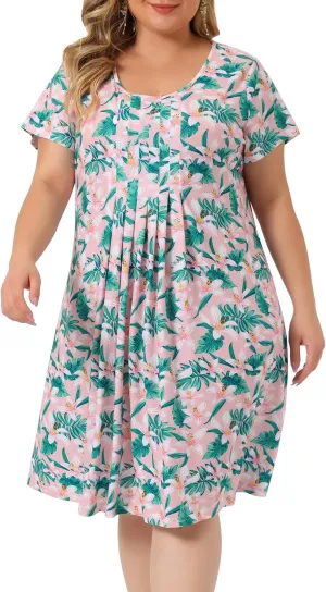 Agnes Orinda Plus Size Dresses for Women Short Sleeves Pleated Summer Beach Casual Loose Floral Dress