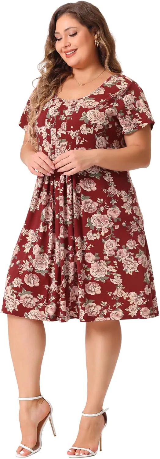 Agnes Orinda Plus Size Dresses for Women Short Sleeves Pleated Summer Beach Casual Loose Floral Dress