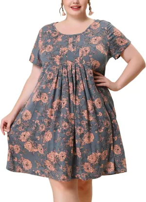 Agnes Orinda Plus Size Dresses for Women Short Sleeves Pleated Summer Beach Casual Loose Floral Dress