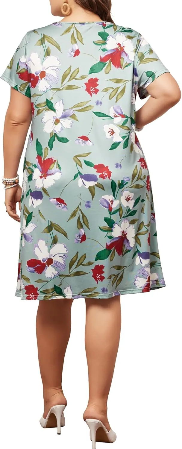 Agnes Orinda Plus Size Dresses for Women Short Sleeves Pleated Summer Beach Casual Loose Floral Dress
