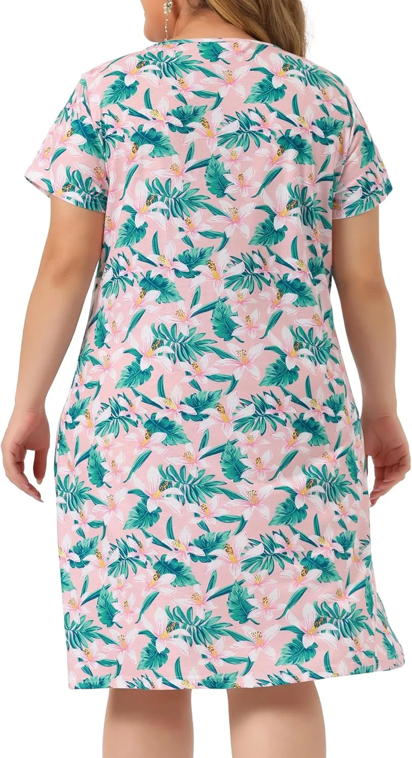 Agnes Orinda Plus Size Dresses for Women Short Sleeves Pleated Summer Beach Casual Loose Floral Dress