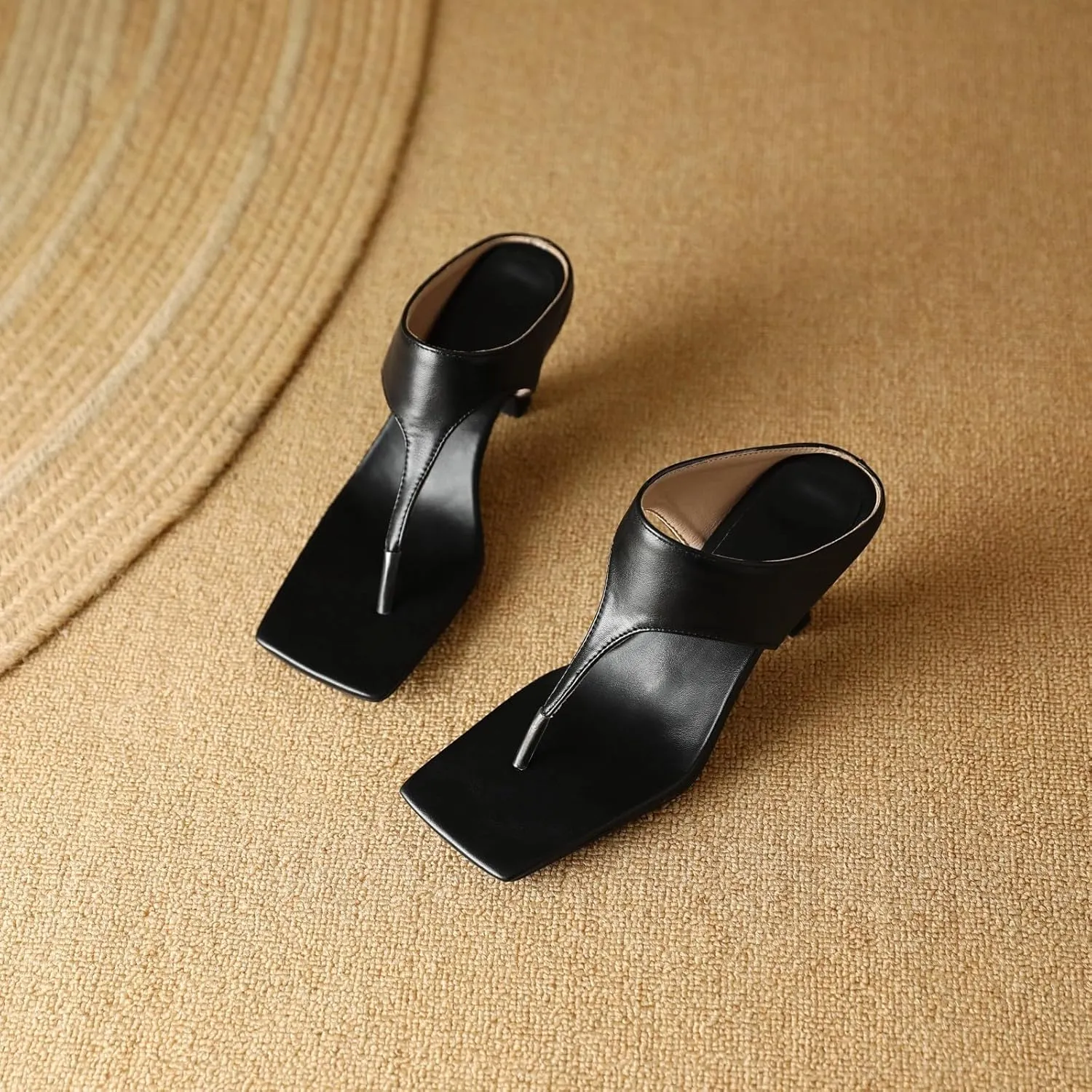 AIMODOR Women's Kitten Heels Square Toe Sandals Thong Toe Slippers Slingback Pumps Slides Sandals