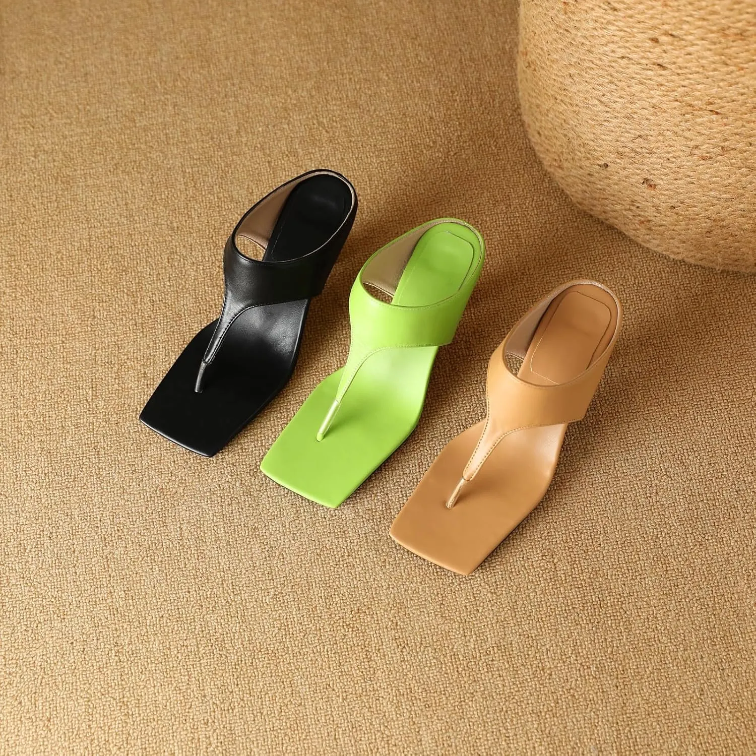 AIMODOR Women's Kitten Heels Square Toe Sandals Thong Toe Slippers Slingback Pumps Slides Sandals