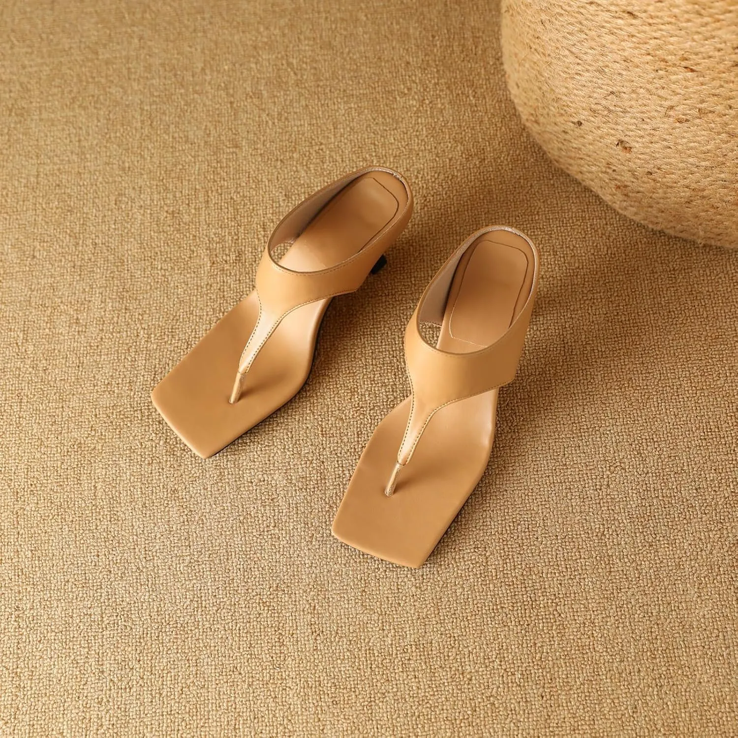 AIMODOR Women's Kitten Heels Square Toe Sandals Thong Toe Slippers Slingback Pumps Slides Sandals