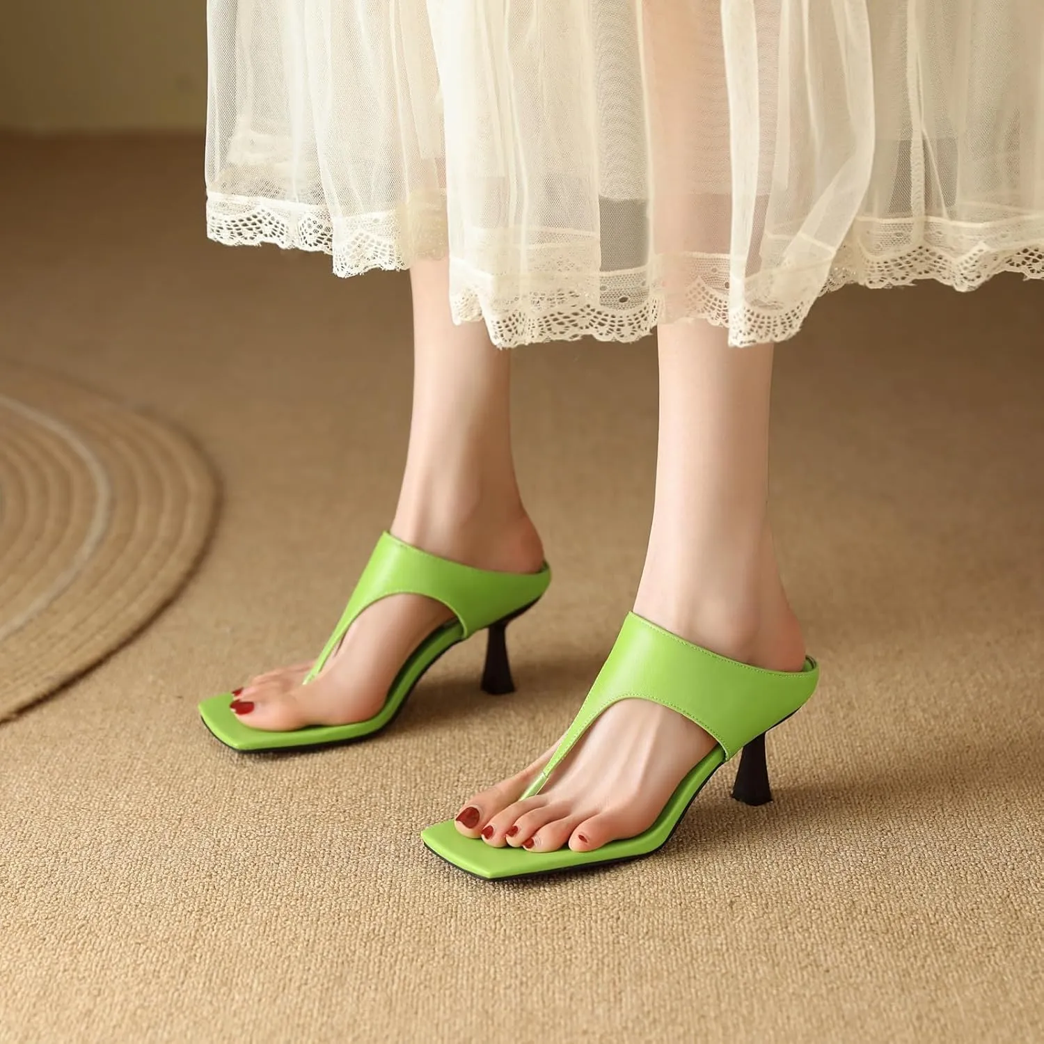 AIMODOR Women's Kitten Heels Square Toe Sandals Thong Toe Slippers Slingback Pumps Slides Sandals
