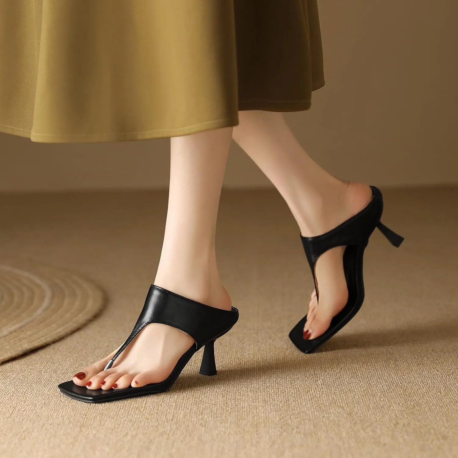 AIMODOR Women's Kitten Heels Square Toe Sandals Thong Toe Slippers Slingback Pumps Slides Sandals