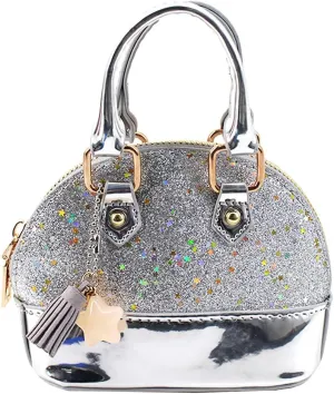Aisa Baby Girls Mini Dome Satchel Purse Cute Sequin Coin Purse Top Handle Tote Bag Shell Shape Chain Shoulder Crossbody Handbag Silver