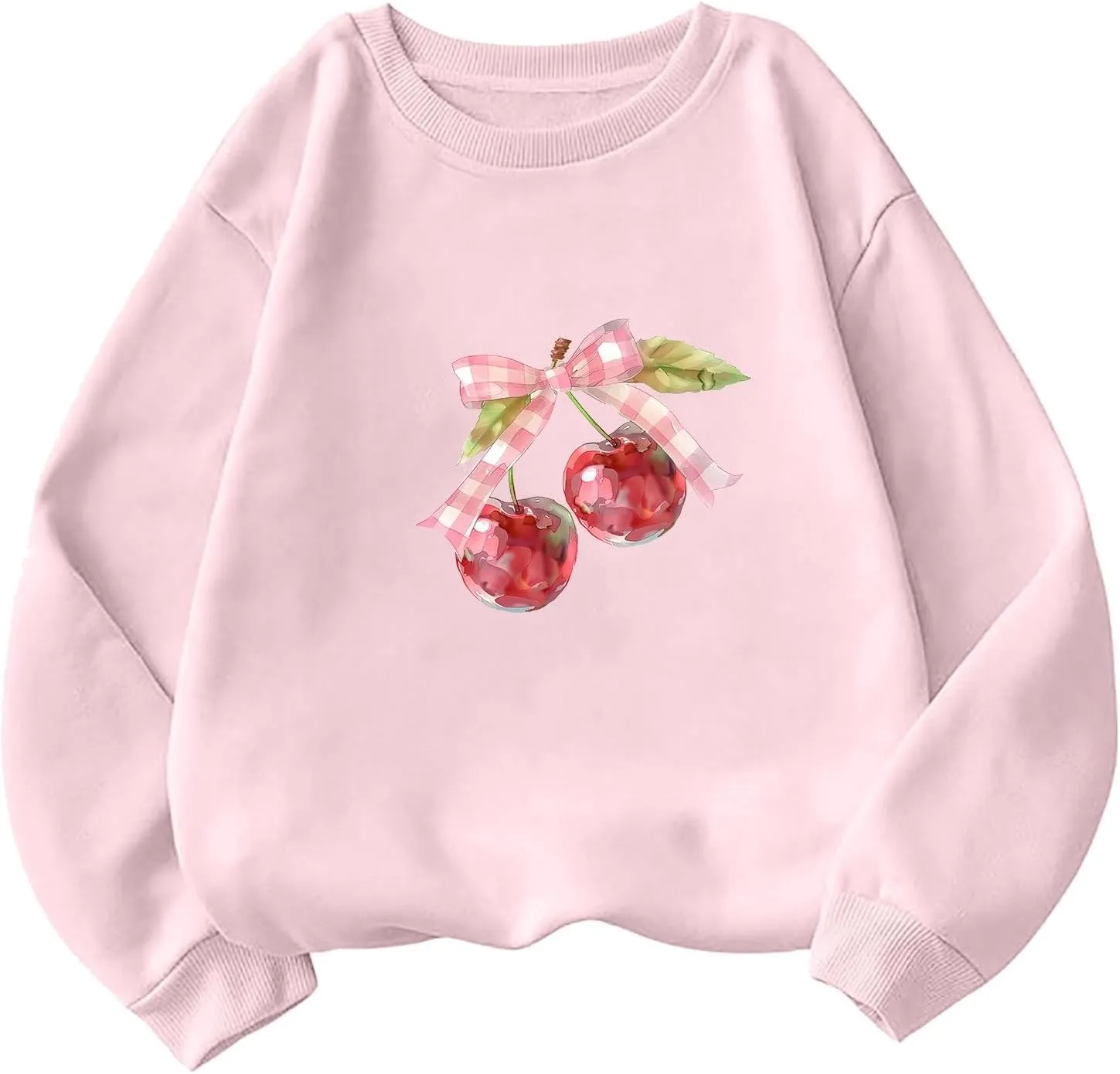 Akklian Cute Sweatshirt for Women Cherry Bow Print Long Sleeve Kawaii Pullover Oversized Loose Teen Girl Preppy Clothes Pink