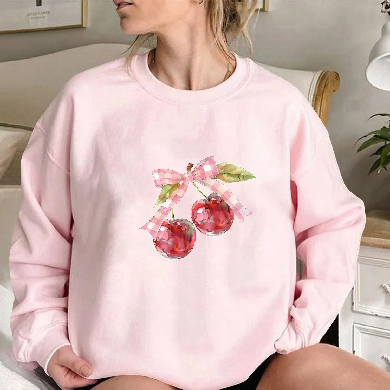 Akklian Cute Sweatshirt for Women Cherry Bow Print Long Sleeve Kawaii Pullover Oversized Loose Teen Girl Preppy Clothes Pink