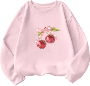 Akklian Cute Sweatshirt for Women Cherry Bow Print Long Sleeve Kawaii Pullover Oversized Loose Teen Girl Preppy Clothes Pink