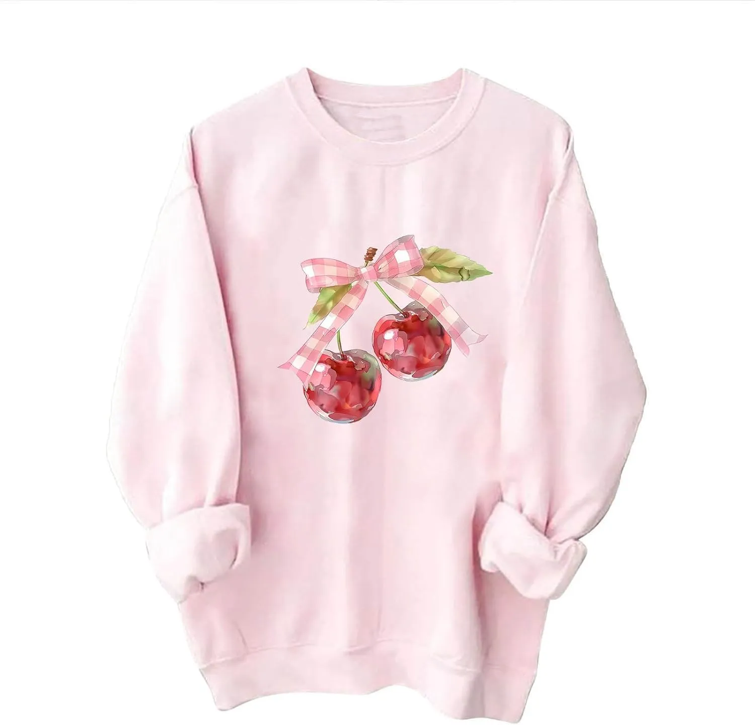 Akklian Cute Sweatshirt for Women Cherry Bow Print Long Sleeve Kawaii Pullover Oversized Loose Teen Girl Preppy Clothes Pink