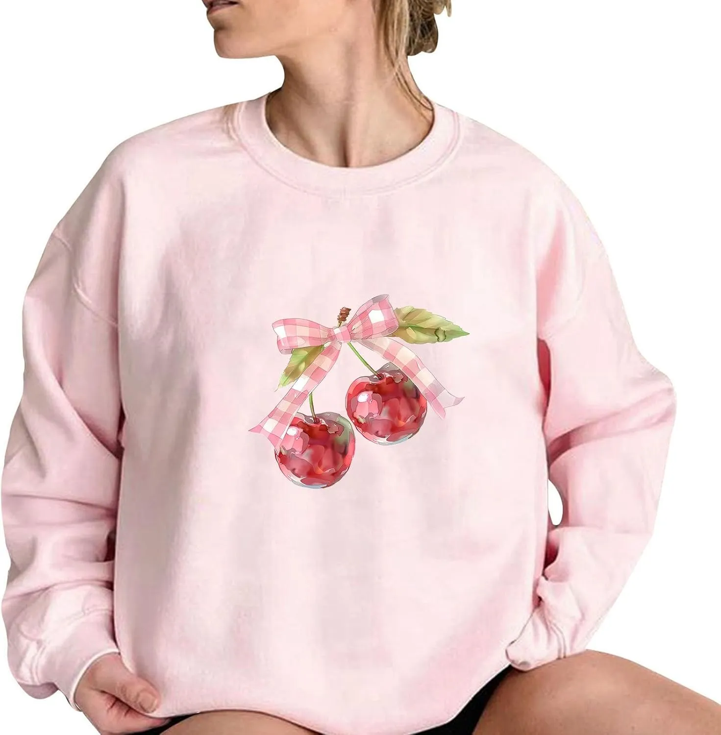 Akklian Cute Sweatshirt for Women Cherry Bow Print Long Sleeve Kawaii Pullover Oversized Loose Teen Girl Preppy Clothes Pink