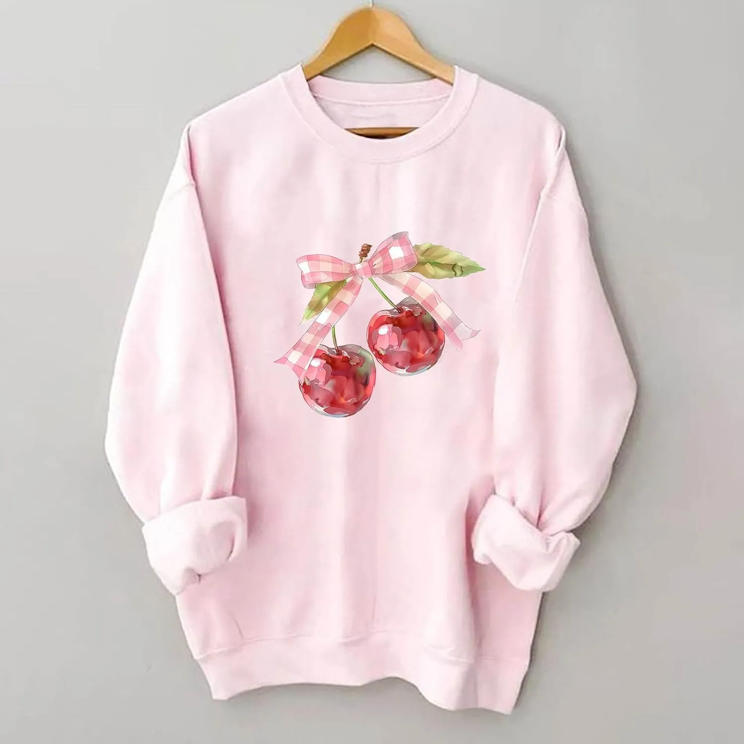 Akklian Cute Sweatshirt for Women Cherry Bow Print Long Sleeve Kawaii Pullover Oversized Loose Teen Girl Preppy Clothes Pink