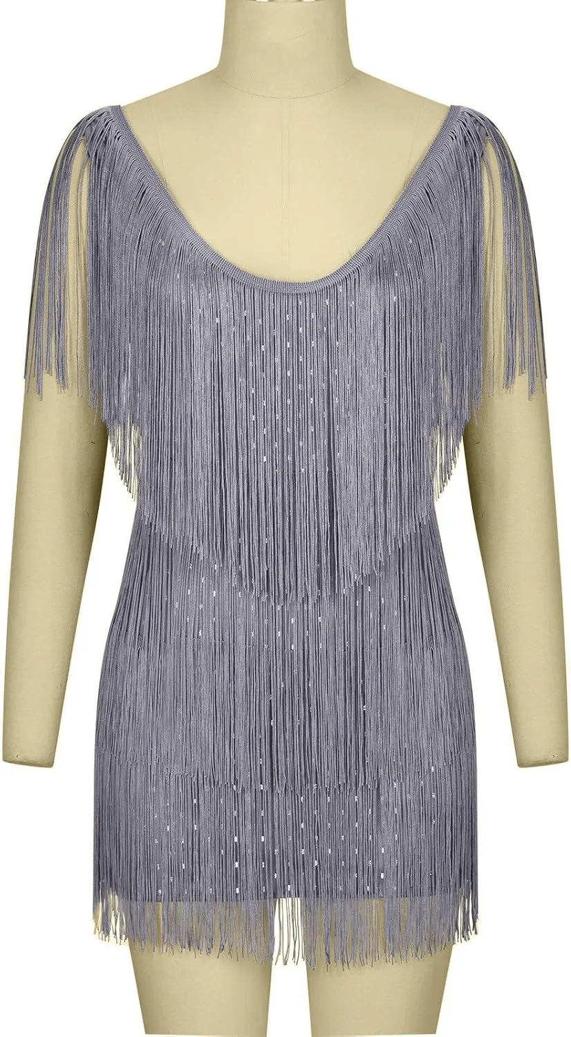 Akklian Women's Fringed Sparkly Sequin Dress Fashion Flapper Plus Size Tassels Dress Evening Party Dance Mini Cocktail Dress