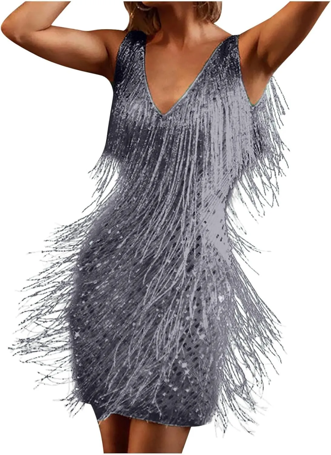 Akklian Women's Fringed Sparkly Sequin Dress Fashion Flapper Plus Size Tassels Dress Evening Party Dance Mini Cocktail Dress