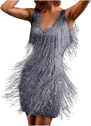 Akklian Women's Fringed Sparkly Sequin Dress Fashion Flapper Plus Size Tassels Dress Evening Party Dance Mini Cocktail Dress
