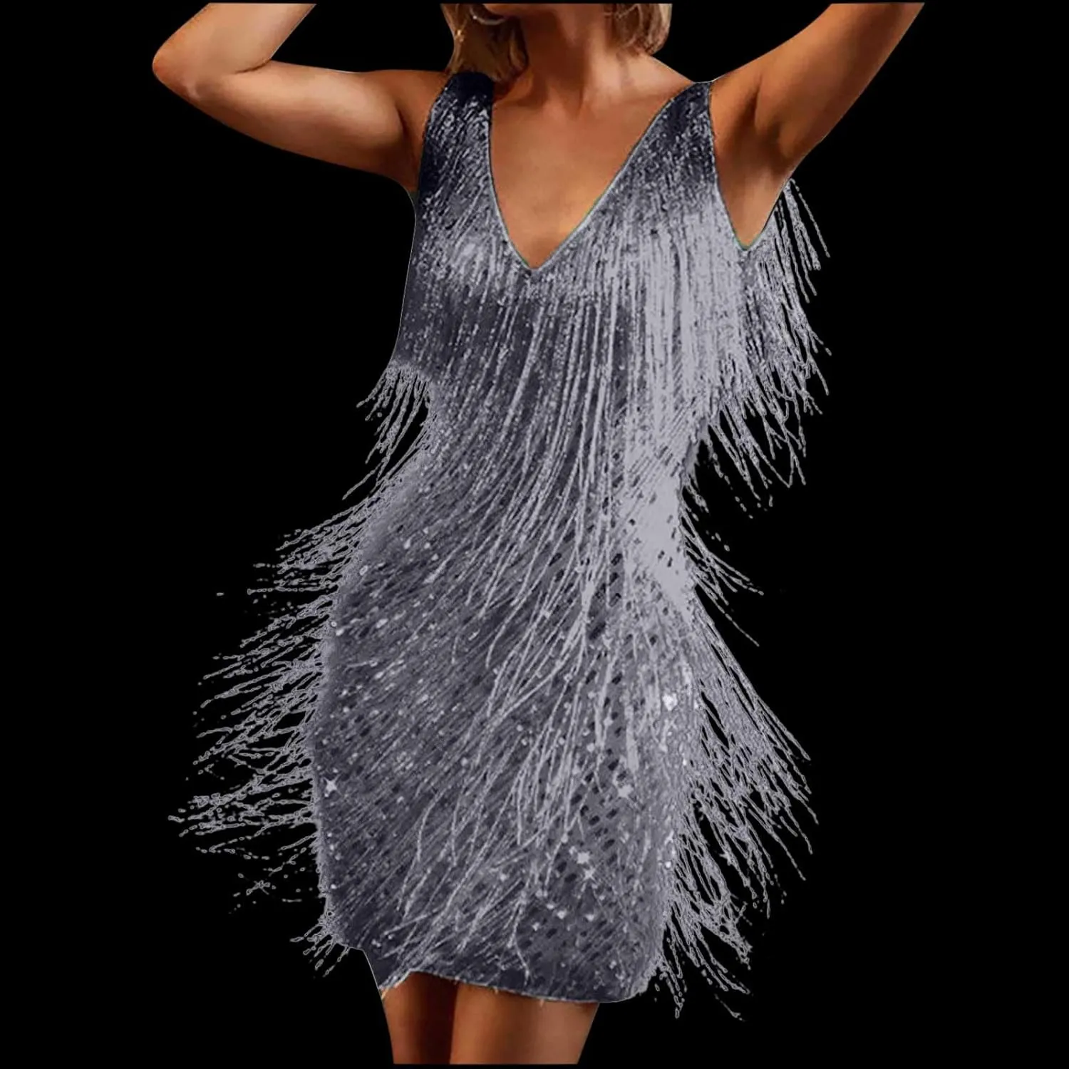 Akklian Women's Fringed Sparkly Sequin Dress Fashion Flapper Plus Size Tassels Dress Evening Party Dance Mini Cocktail Dress