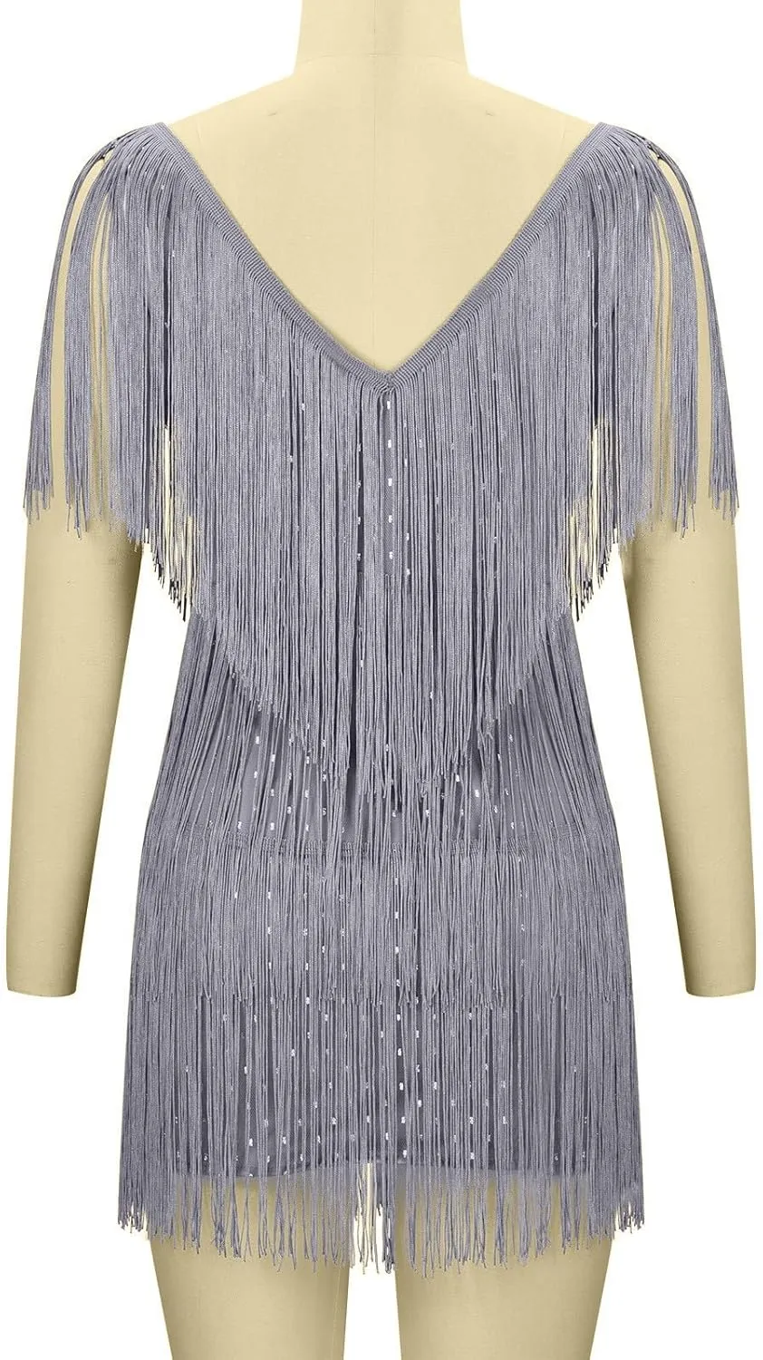 Akklian Women's Fringed Sparkly Sequin Dress Fashion Flapper Plus Size Tassels Dress Evening Party Dance Mini Cocktail Dress