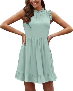 Akklian Women's Smocked Sleeveless Tank Dress High Neck Ruffle Casual Summer Mini Dresses Beach Party Dress Short Flowy Dress