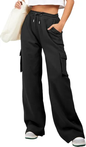 Aleumdr Women High Waisted Drawstring Wide Leg Cargo Pants 2025 Trendy Casual Baggy Joggers Pants with Pockets