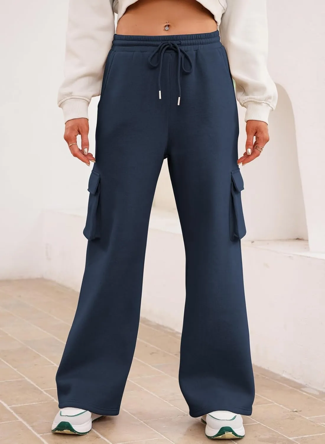 Aleumdr Women High Waisted Drawstring Wide Leg Cargo Pants 2025 Trendy Casual Baggy Joggers Pants with Pockets