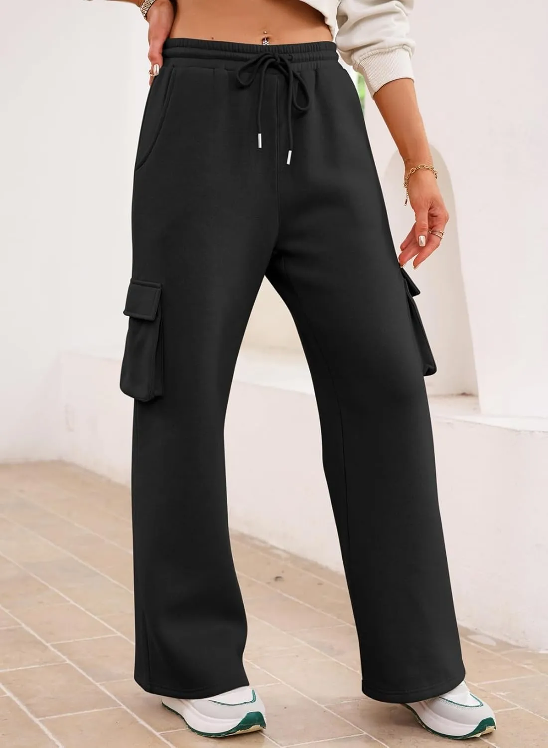 Aleumdr Women High Waisted Drawstring Wide Leg Cargo Pants 2025 Trendy Casual Baggy Joggers Pants with Pockets