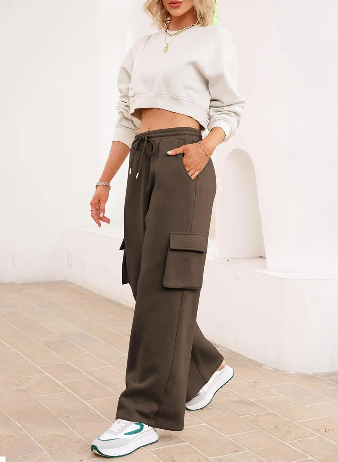 Aleumdr Women High Waisted Drawstring Wide Leg Cargo Pants 2025 Trendy Casual Baggy Joggers Pants with Pockets