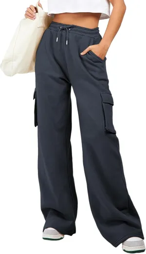 Aleumdr Women High Waisted Drawstring Wide Leg Cargo Pants 2025 Trendy Casual Baggy Joggers Pants with Pockets