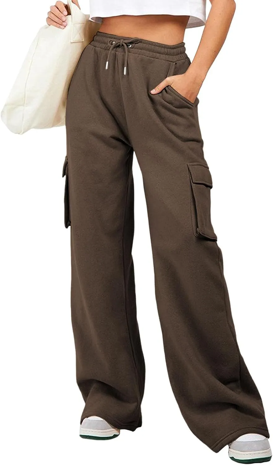 Aleumdr Women High Waisted Drawstring Wide Leg Cargo Pants 2025 Trendy Casual Baggy Joggers Pants with Pockets