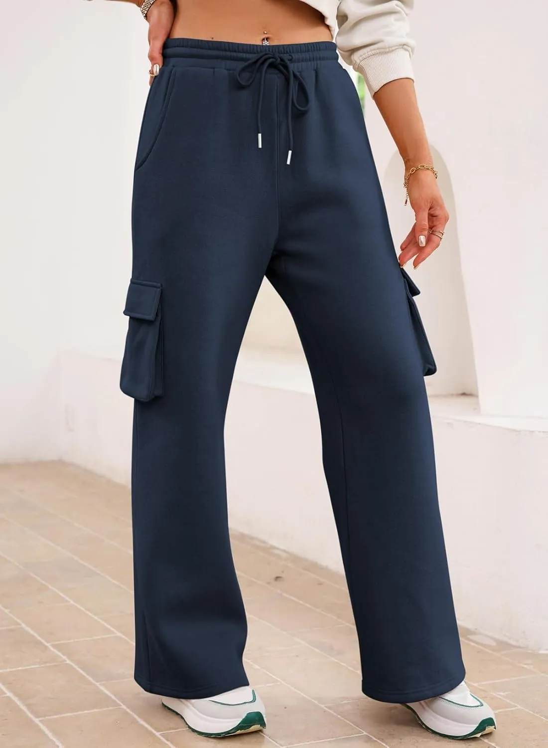 Aleumdr Women High Waisted Drawstring Wide Leg Cargo Pants 2025 Trendy Casual Baggy Joggers Pants with Pockets