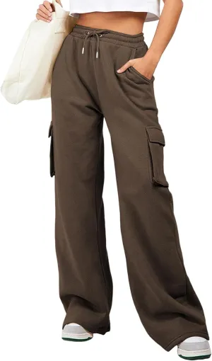Aleumdr Women High Waisted Drawstring Wide Leg Cargo Pants 2025 Trendy Casual Baggy Joggers Pants with Pockets