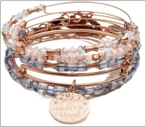 Alex and Ani Joyful, Merry & Blessed Charm Bangle Bracelet Set of 5, Swarovski Crystals, Beaded Bangles, Shiny Rose Gold, Medium, A20SETHOL4SR