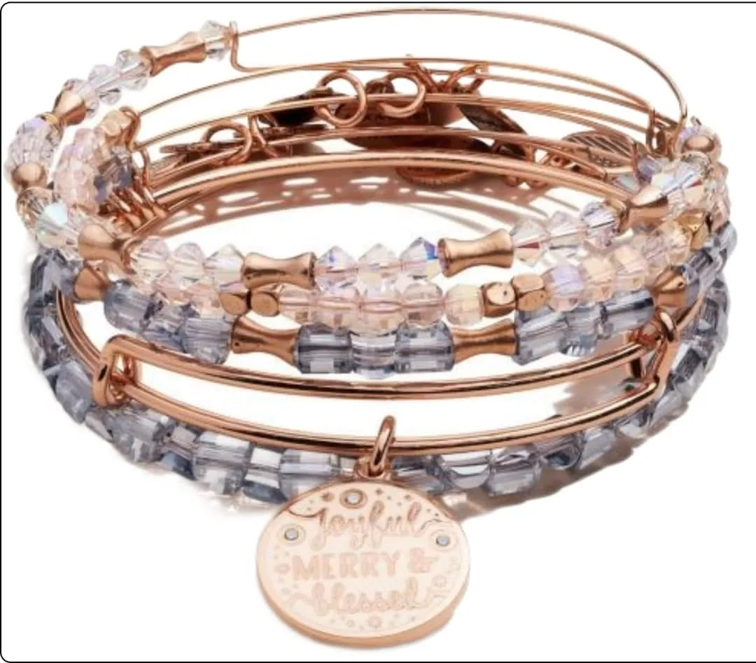 Alex and Ani Joyful, Merry & Blessed Charm Bangle Bracelet Set of 5, Swarovski Crystals, Beaded Bangles, Shiny Rose Gold, Medium, A20SETHOL4SR