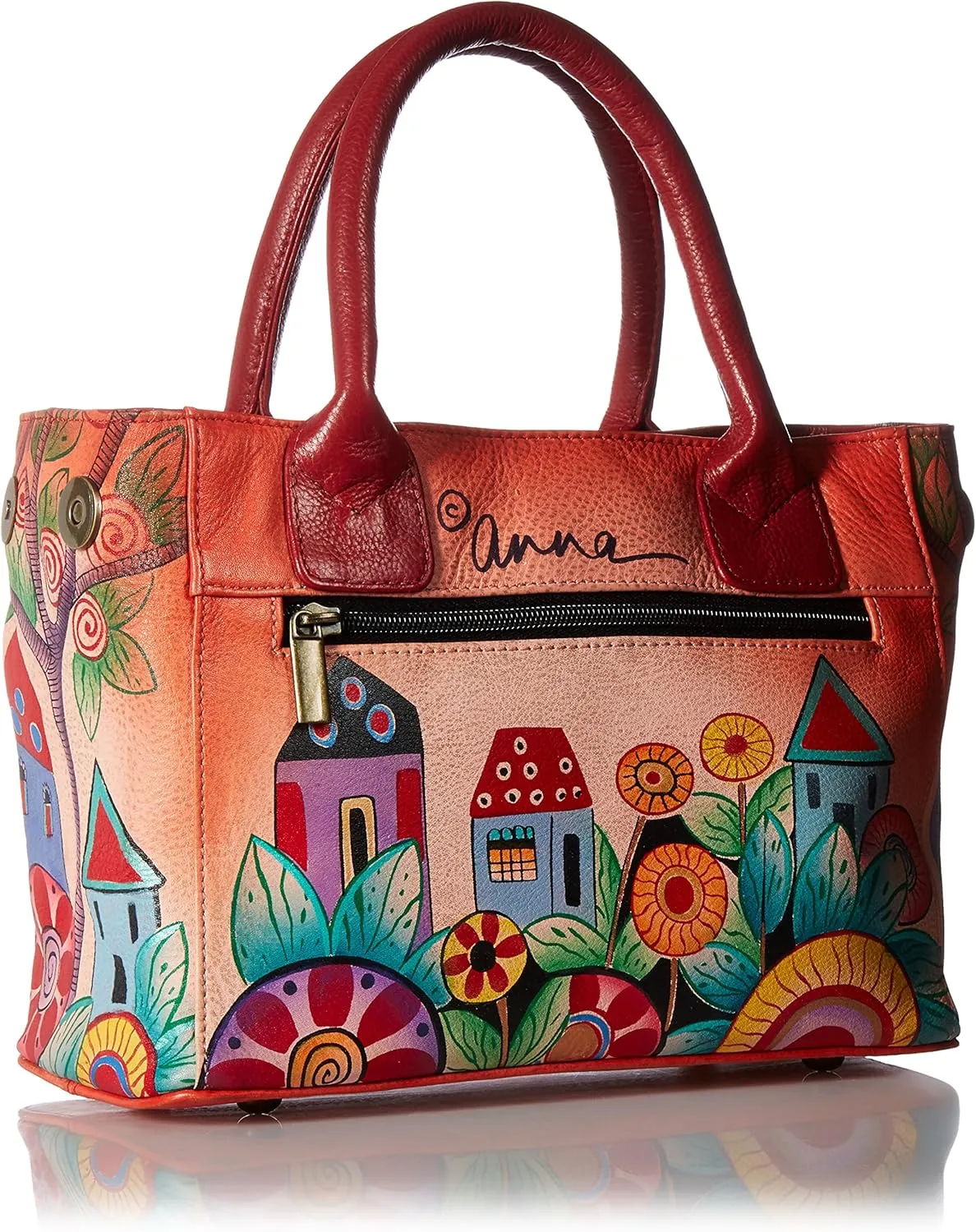 Anna by Anuschka Womens Hand Painted Genuine Leather Small Convertible Tote - Double Short Handle, Removable Crossbody Strap