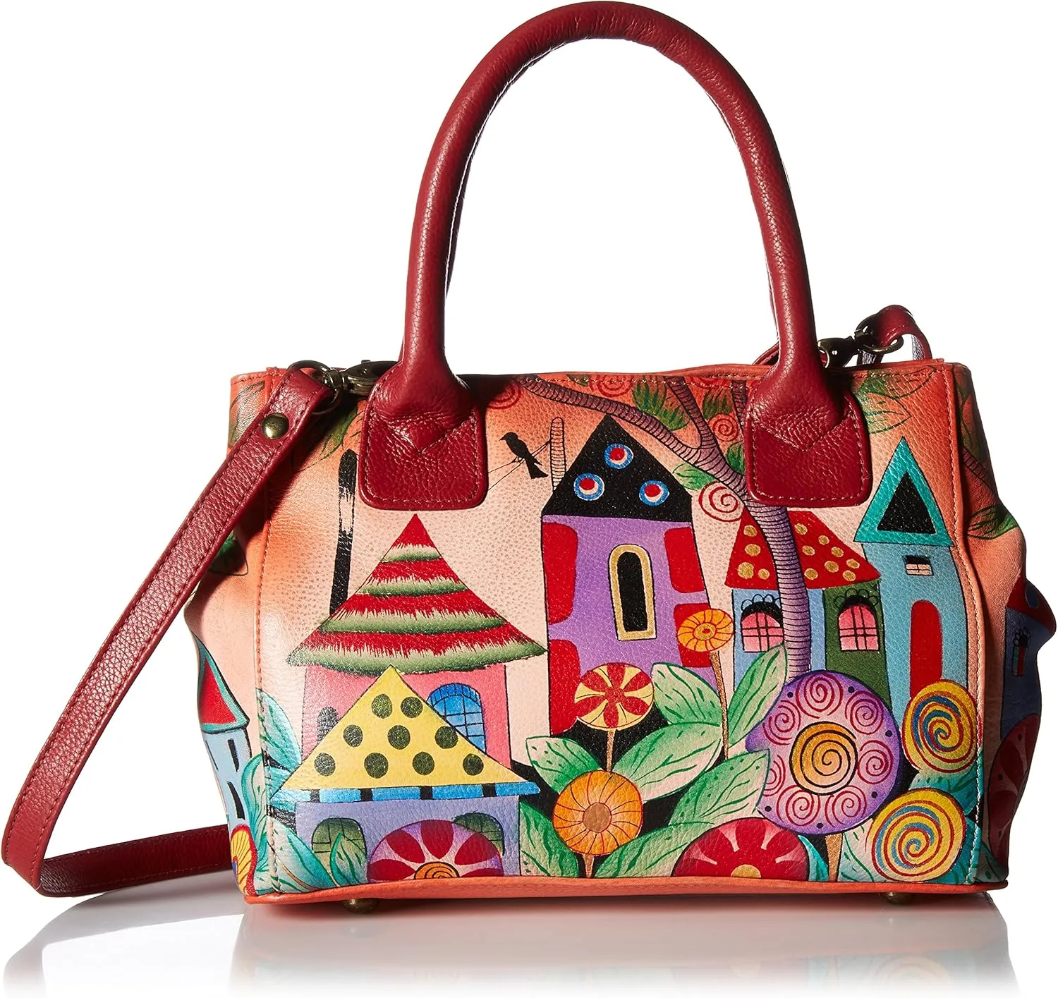 Anna by Anuschka Womens Hand Painted Genuine Leather Small Convertible Tote - Double Short Handle, Removable Crossbody Strap